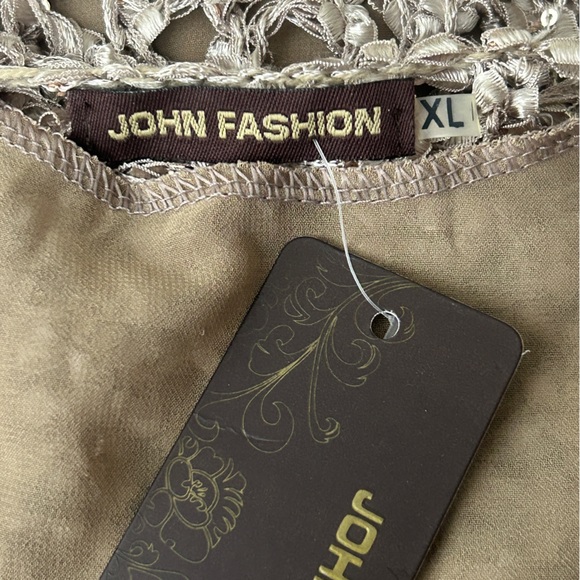 John Fashion Sweater Women's XL Brown Chiffon Uderlayers Open Knit Boho NEW - Picture 5 of 16